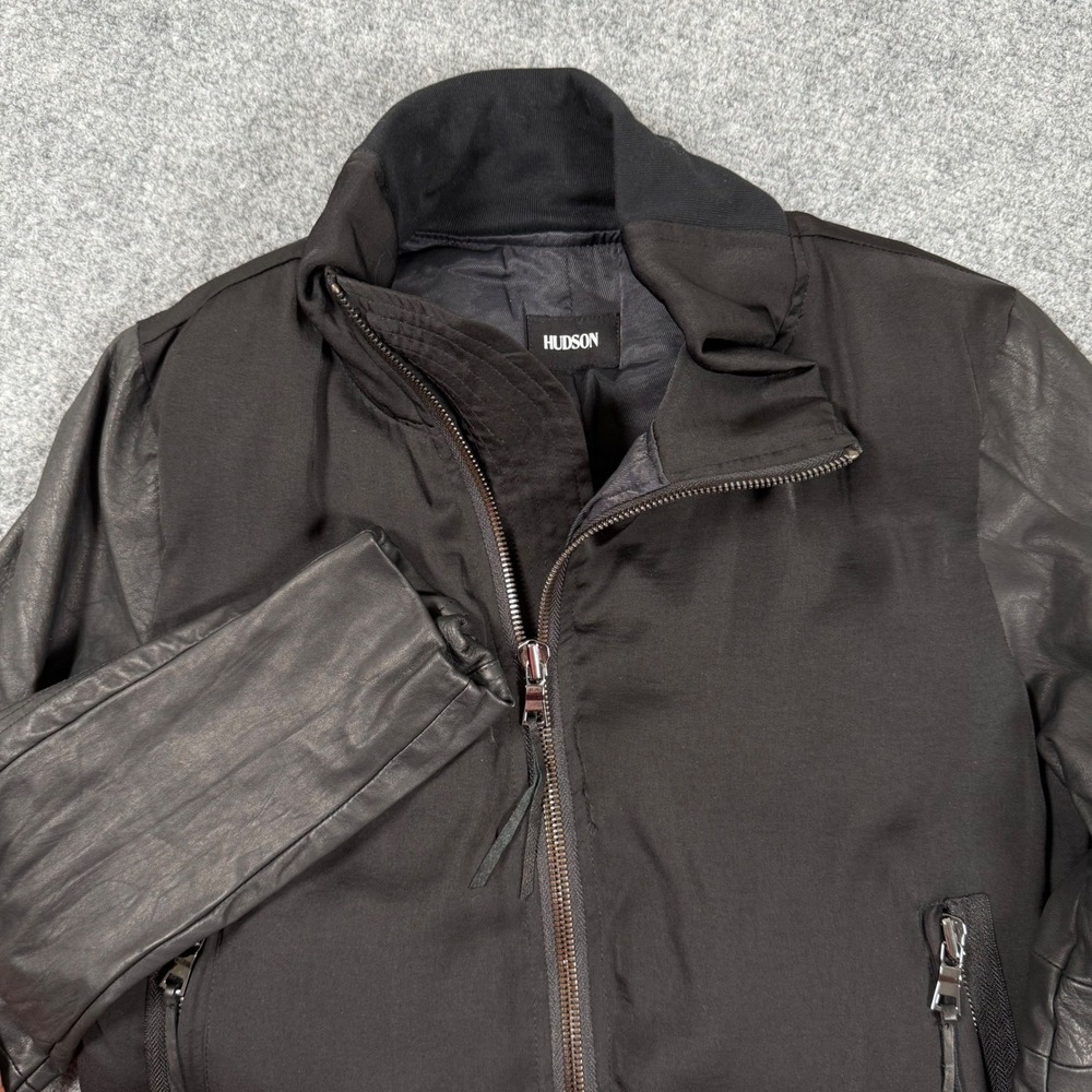 Hudson Jacket Size 38 Black Leather Long‎ Sleeve Bomber 100% Pokyester Men's